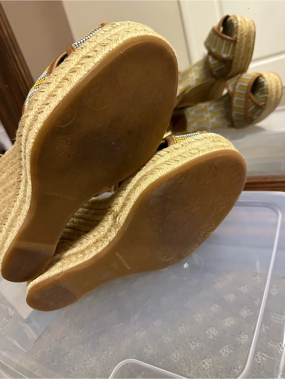Tory Burch Brown Leather and Yellow Beaded Wedge Sandals